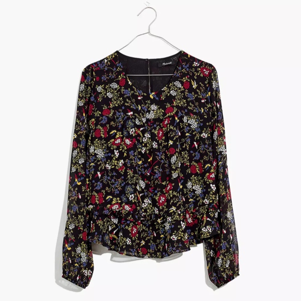 Madewell Sheer-Sleeve Ruffle Peplum Top in Finch Floral in XS